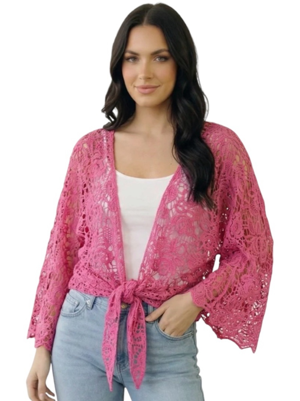 7065. Any The Why Women's Pink Crochet Tie-Front Sweater Cardigan